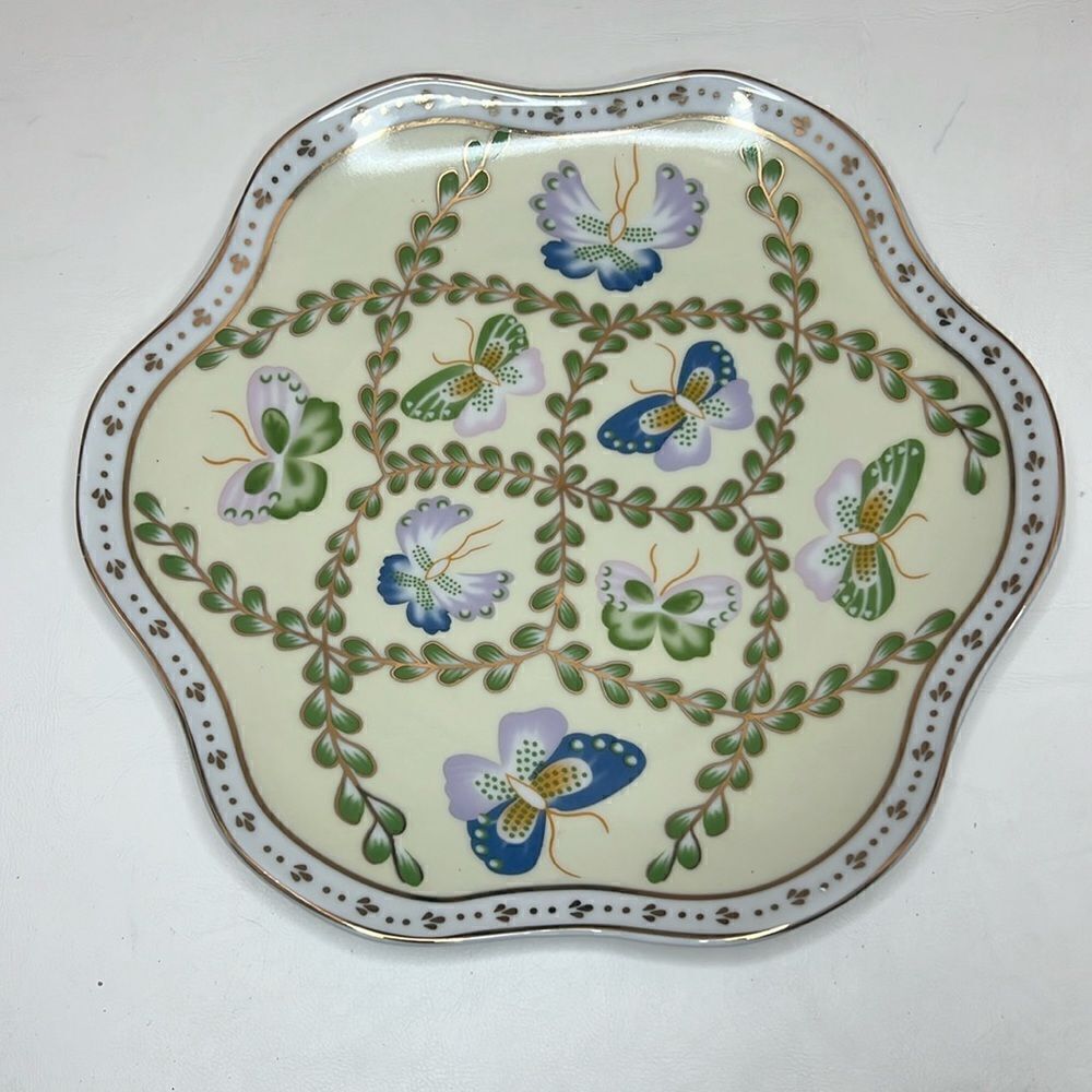 C C & T Cake Plate Butterflies Floral Yellow White Gold Trim 10 1/4 In Scalloped
